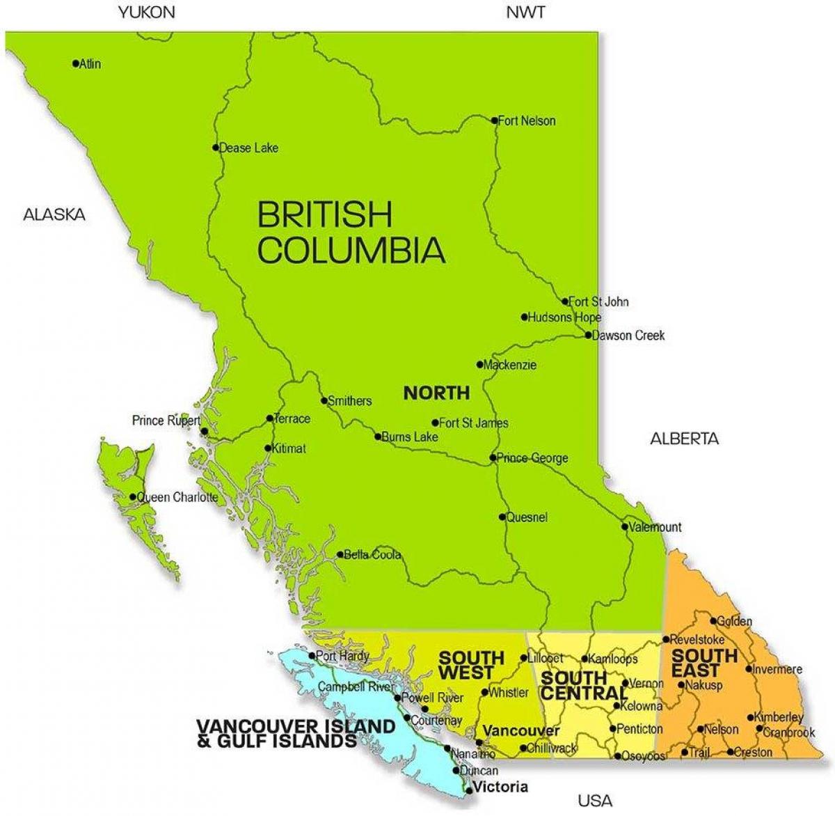 Mapa z britskej kolumbie, regiónov