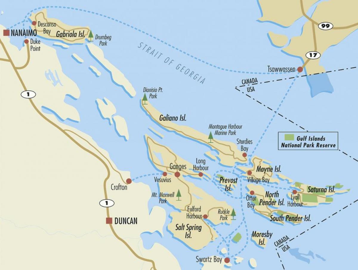kanadský gulf islands mapu