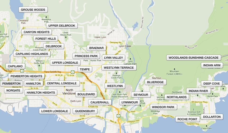 Mapu north vancouver v priľahlom okolí
